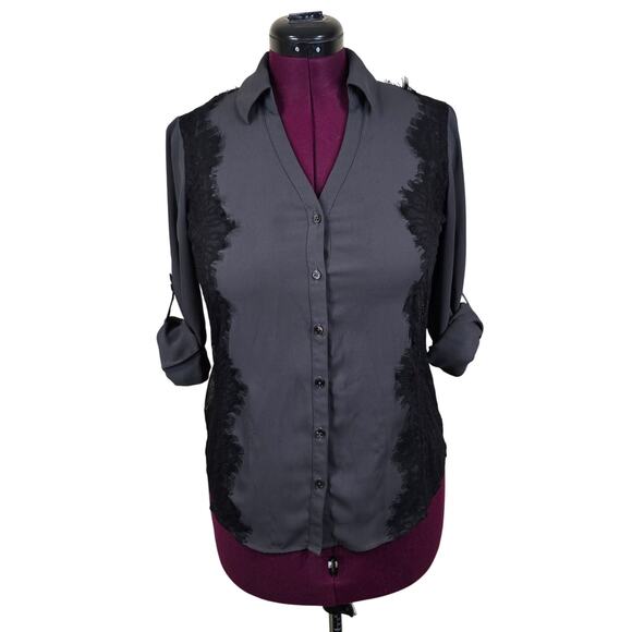 Women's Express Gray Button Down Blouse w/ Sheer Lace Sides | Size Small - Picture 1 of 10